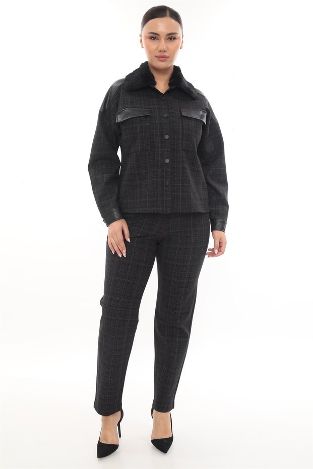 Women's Black Winter Buttoned Fur Collar Pocketed Leather Paneled Striped Top and Bottom Set