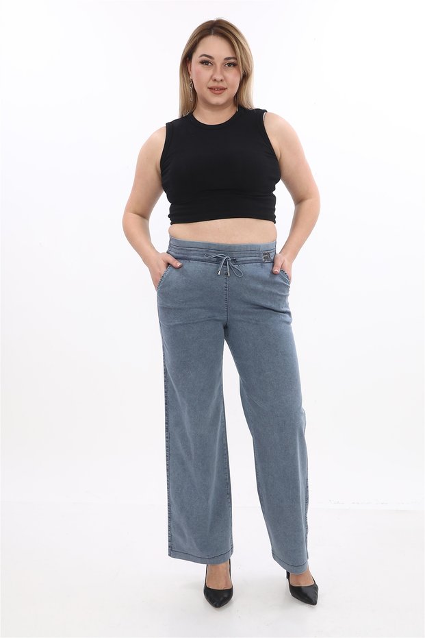 Women's Navy Blue Summer Stone Logo Printed Pipe Leg Trousers
