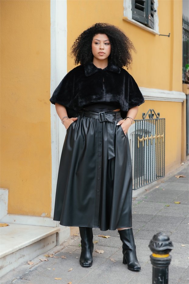 Women's Black Winter Belted Buttoned Faux Leather Skirt