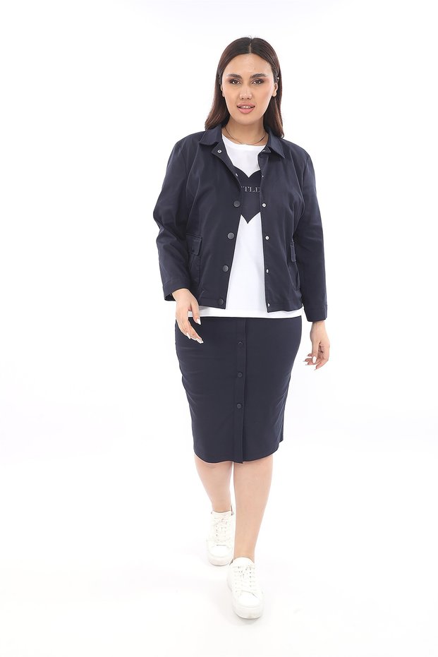 Women's navy blue summer skirt & jacket buttoned t-shirt Printed 3-piece set