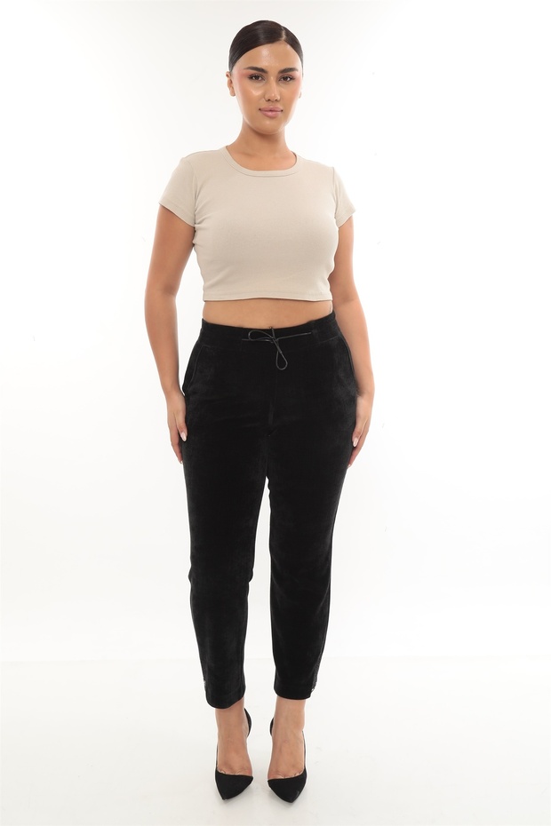 Women's Black Winter Stone Thick Corded Fabric Velvet Trousers with Zippered Legs and Special Accessories