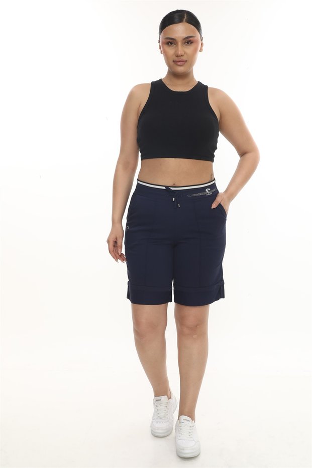 Women's Navy Blue Summer Lace-Up Stoned Elastic Bermuda Shorts