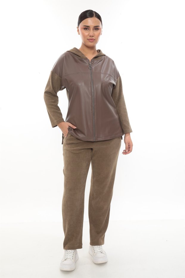 Women's Tan Winter Zippered Faux Leather Paneled Piece Velvet Set with Elastic Waist