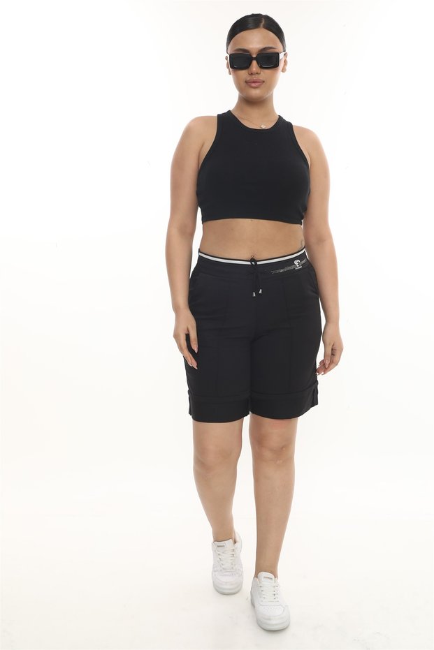 Women's Black Summer Lace-Up Stoned Elastic Bermuda Shorts