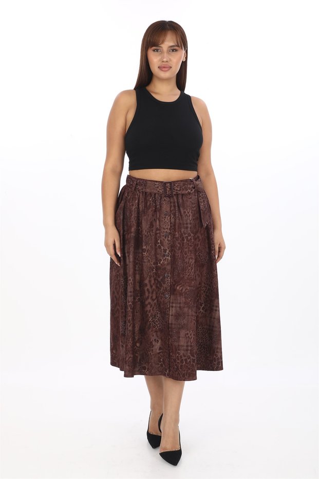Women's Burgundy Seasonal Printed Belted Buttoned Skirt