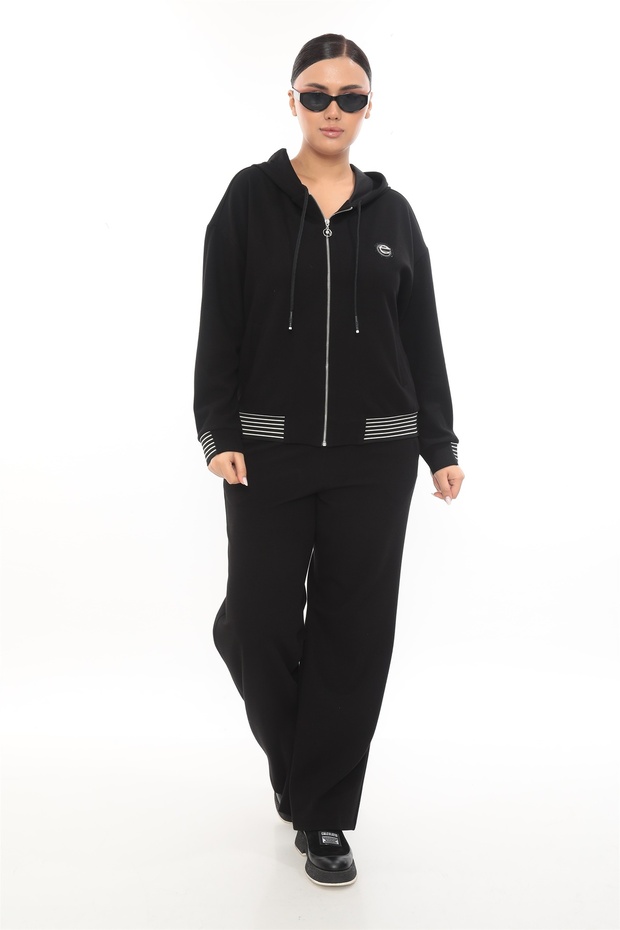 Women's Black Seasonal Zippered Hooded Elastic Waist Paneled Accessories 2-Piece Tracksuit Set