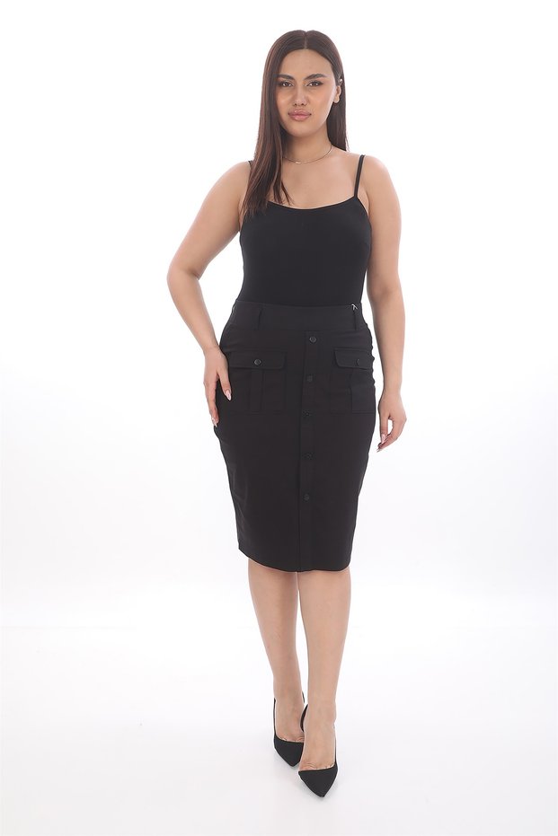 Women's Seasonal Elastic Waist Snap Front & Flap Knee-Length Black Wonderful Stylish Skirt