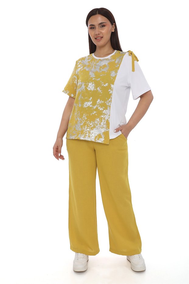 Women's Mustard Summer Elastic Waist Accessorized Printed Pipe Leg Long 2-Piece Tracksuit Set