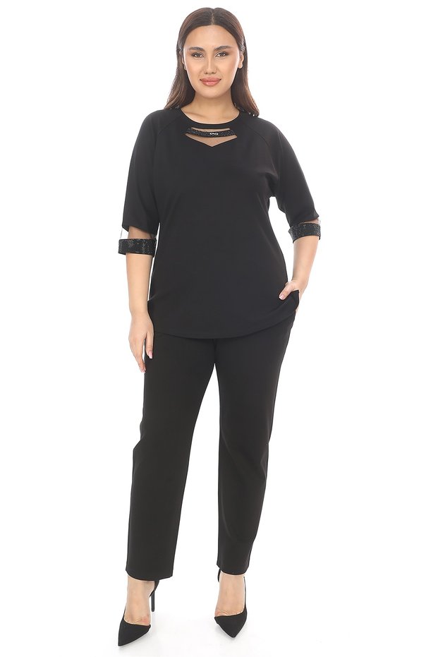 Women's black seasonal sleeveless blazer and rhinestone detail pant set