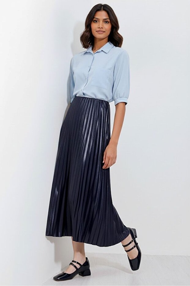 Leather-Look Pleated Skirt - Navy Blue