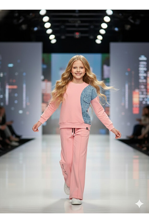 Denim Garnished Wide-Legged Two-Thread Seasonal All-Season Junior Girls' Set (Top and Bottom)