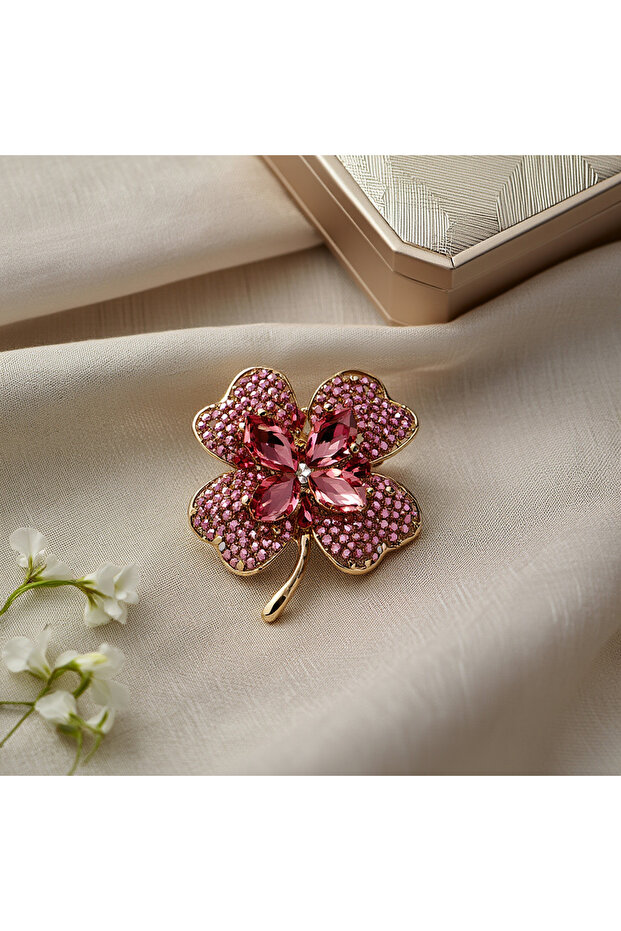 Pembe Taşlı Yonca Figürlü Broş - 1