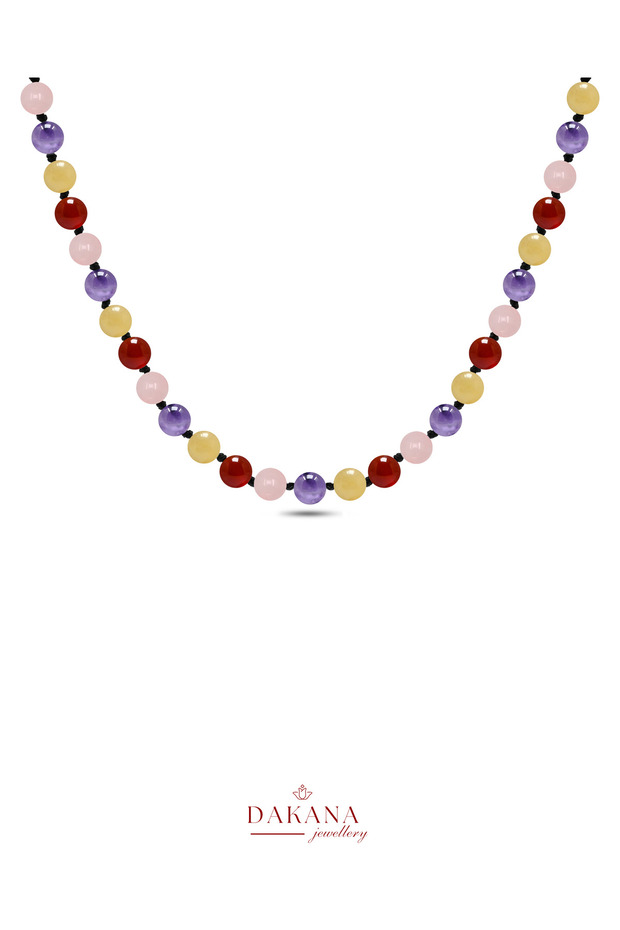Certified Agate Calcite Pink Quartz and Amethyst Stone 6 mm Children's Macrame Natural Stone Necklace
