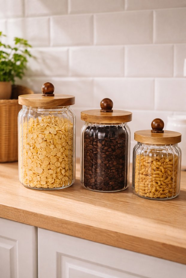 Set of 3 Acacia Vacuum Lid Glass Jars (600Ml+950Ml+1300Ml)