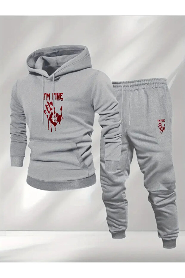 Unisex I'M Fine Printed Hooded Sweatshirt and Jogger Sweatpants - Bottom Top Set