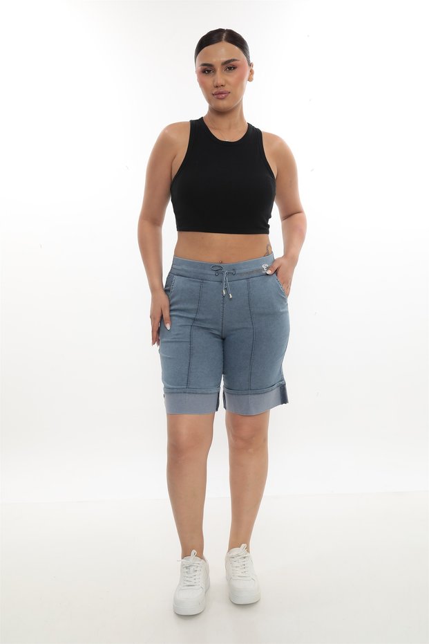 Women's Navy Blue Summer Special Logo Stone Lace-Up Bermuda Shorts