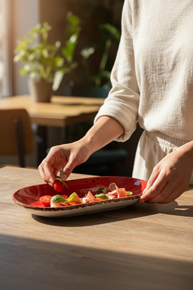 Set of 6 ceramic boat-shaped plates, snack/serving dish, breakfast plate, red, 19cm