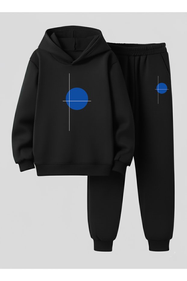 Children's Hooded Sweatshirt - Tracksuit Set Round and Striped Ba Printed Threaded Ribbed