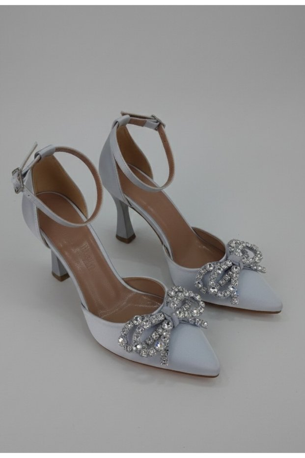 Silver Satin Elegant Evening Dress Shoes with Rhinestone Ribbon 9cm Heels