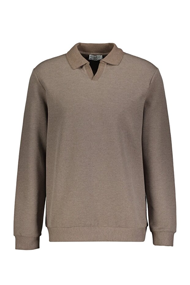 Regular Fit Polo Neck V-Patch Buttonless Dobby Dark Brown Sweatshirt - 1