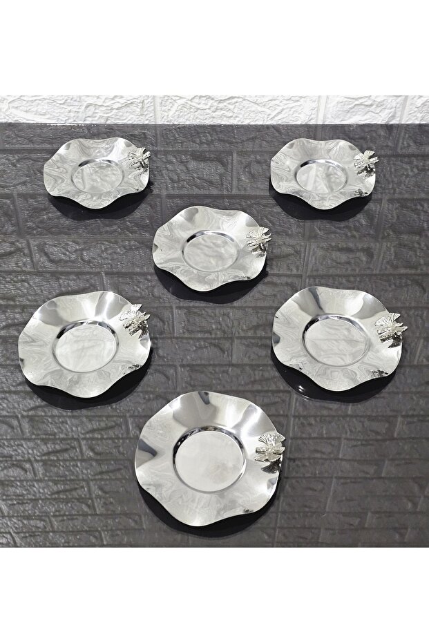 METAL 6-PIECE SILVER TEA SAUCER & CAST BUTTERFLY 5.5 CM GLASS BASE DIAMETER