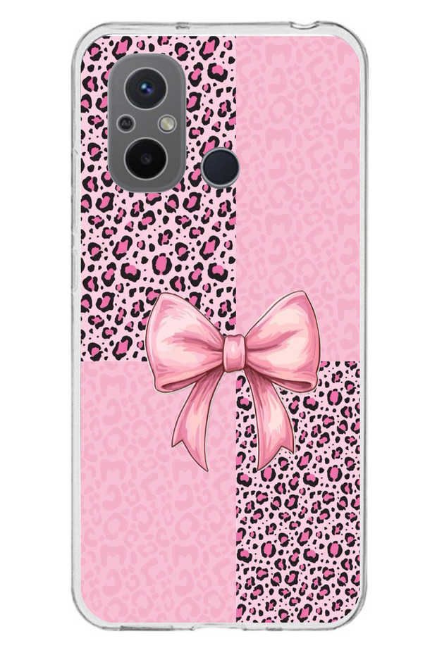 Redmi 12C Compatible Pink Leopard Pattern and Ribbon Printed Silicone Case - 1