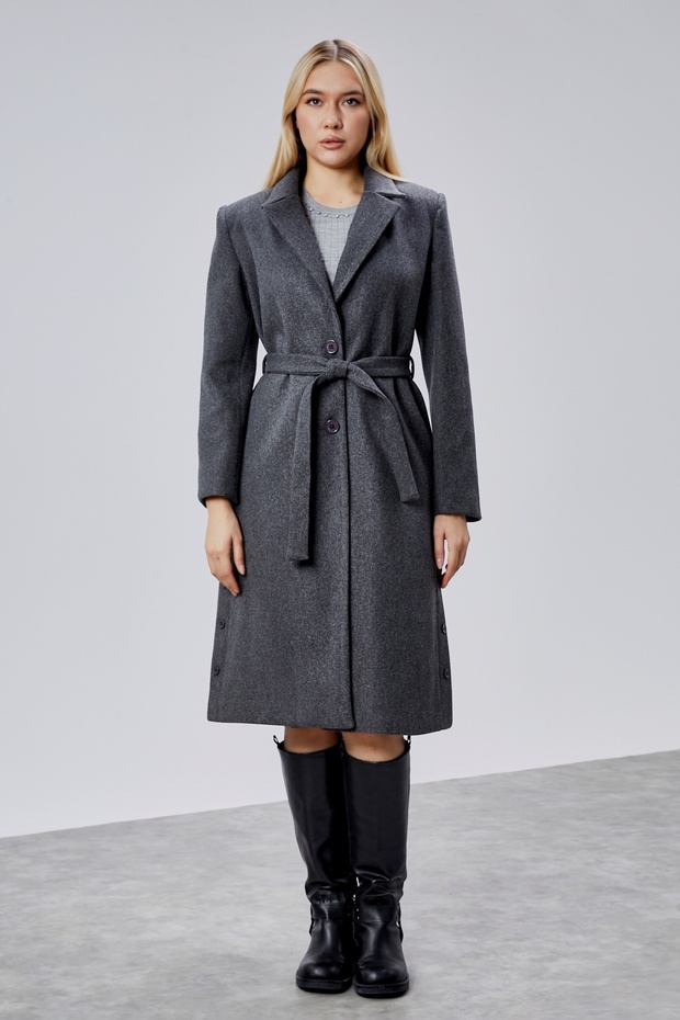 Women's Anthracite Belted Buttoned Long Coat