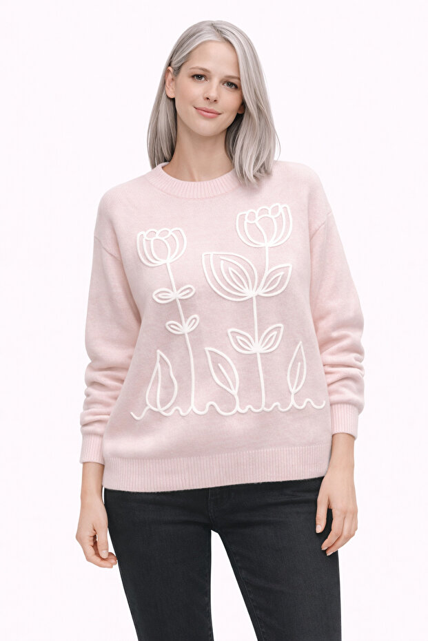 Embroidery Patterned Long Sleeve Knitwear Sweater