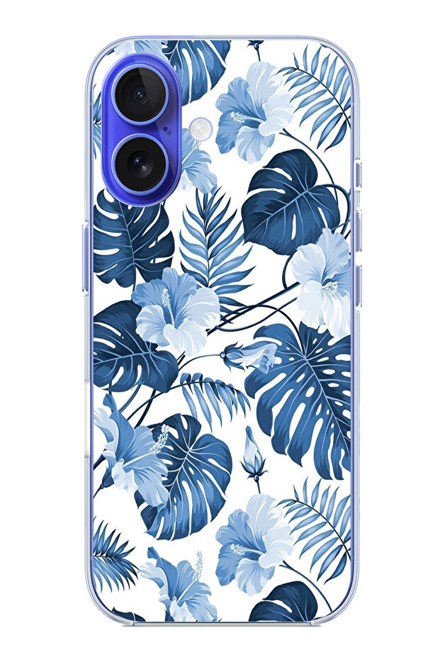 iPhone 16 Compatible Blue Leaf and Flower Patterned Printed Silicone Case - 1