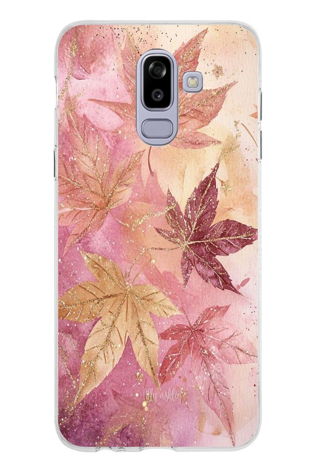 Samsung Galaxy J8-A6 Plus Compatible Pink and Maroon Tone Leaf Printed Silicone Case