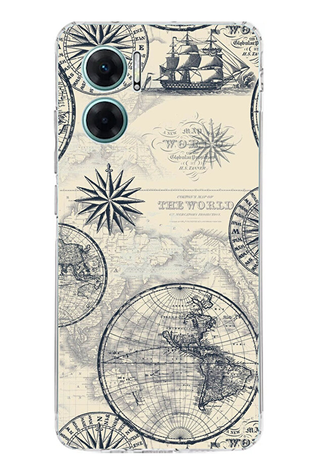 حافظة سيليكون متوافقة مع هاتف Redmi Note 11E تحتوي على خريطة العالم القديمة والبوصلة مطبوع - 1