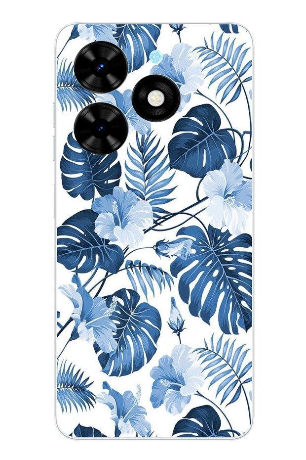 حافظة سيليكون مطبوع متوافقة مع تكنو سبارك 20-20C بنمط أوراق الشجر الزرقاء والزهور - 1