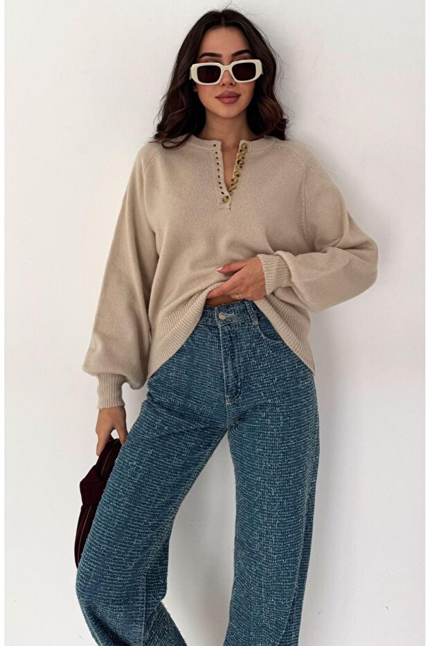 Button Detailed Balloon Sleeve Sweater