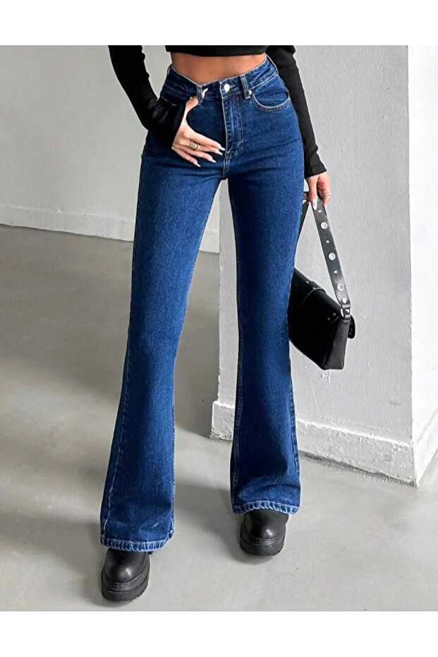 Women's Spanish Navy Blue L Stretch Fabric Flare Jean Denim Pants-1