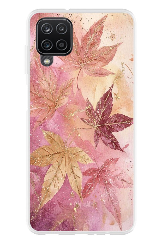Samsung Galaxy A22-M22-M32 Compatible Pink and Burgundy Tone Leaf Printed Silicone Case