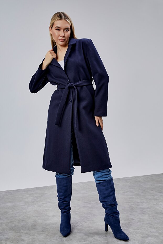Women's Navy Blue Belted Buttoned Long Coat