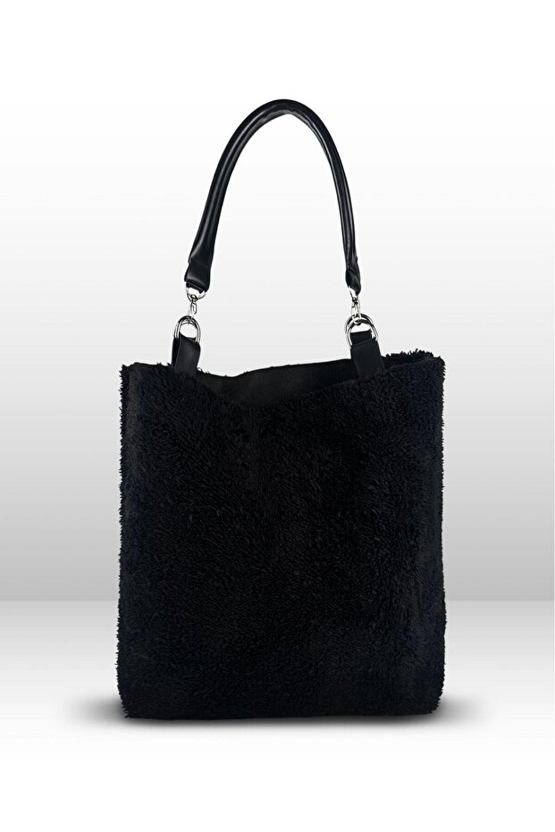 Furry Soft Touch Plush & Leather Women's Black Hand and Shoulder Bag Leather Handle