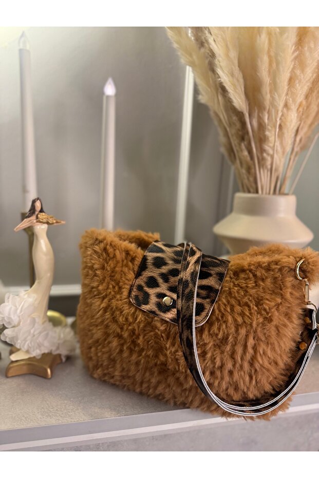 Women's Teddy Plush Handmade Shoulder Bag Coffee Color with Leopard Detail