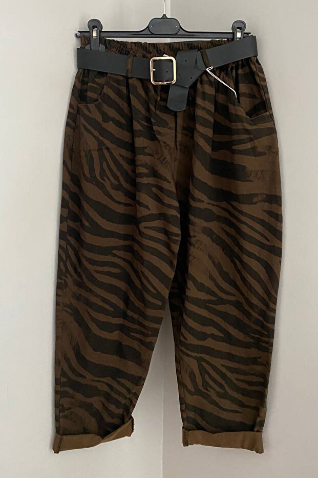 Women's Italian Brown Elastic Waist Belted Zebra Patterned Side Pocket Oversized Casual Trousers