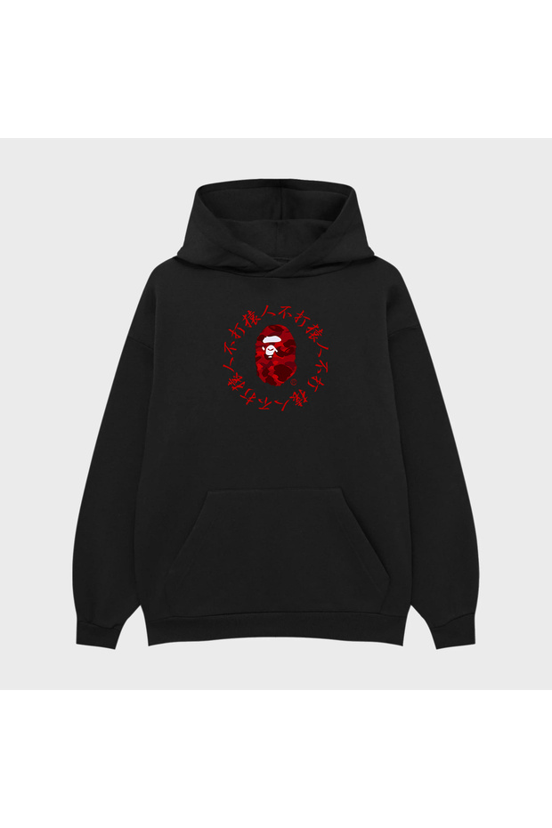 سويت شيرت للجنسين من BAPE باللون الأحمر الصيني B مطبوع 3 Thread Sha مبطن بالصوف oodie