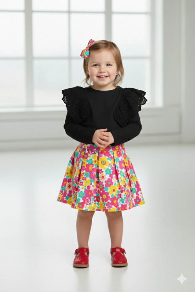 Girls' Long Sleeve Holiday Blouse with Black and White Color Options (Ages 2-12)