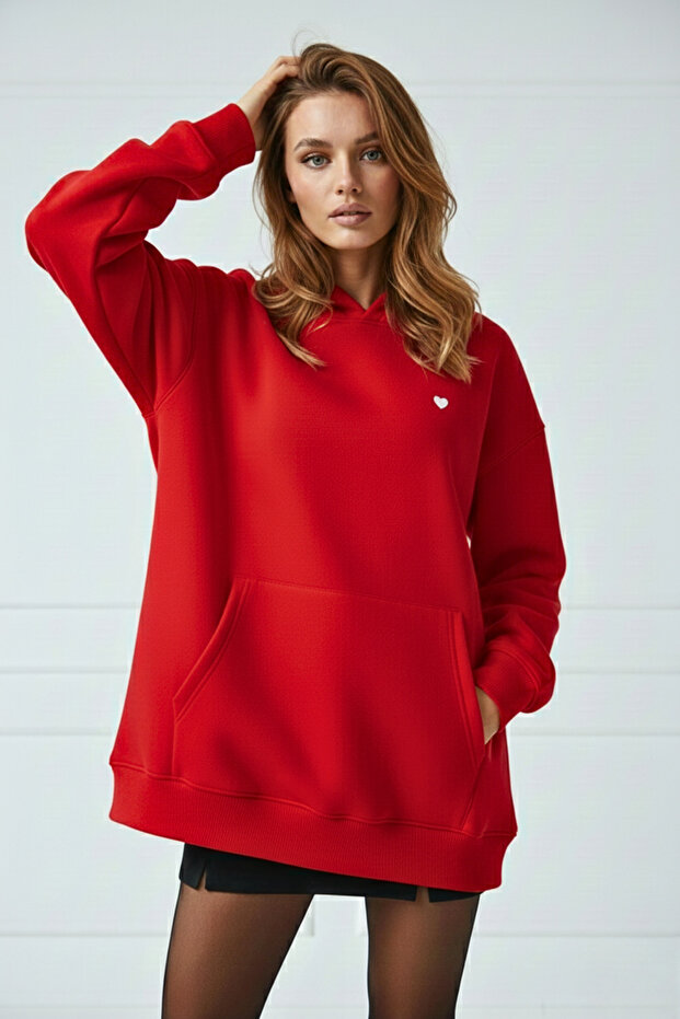 Unisex Soft Fabric Oversized Fleece Inside Hooded Small Hearts Printed Sweatshirt Hoodie