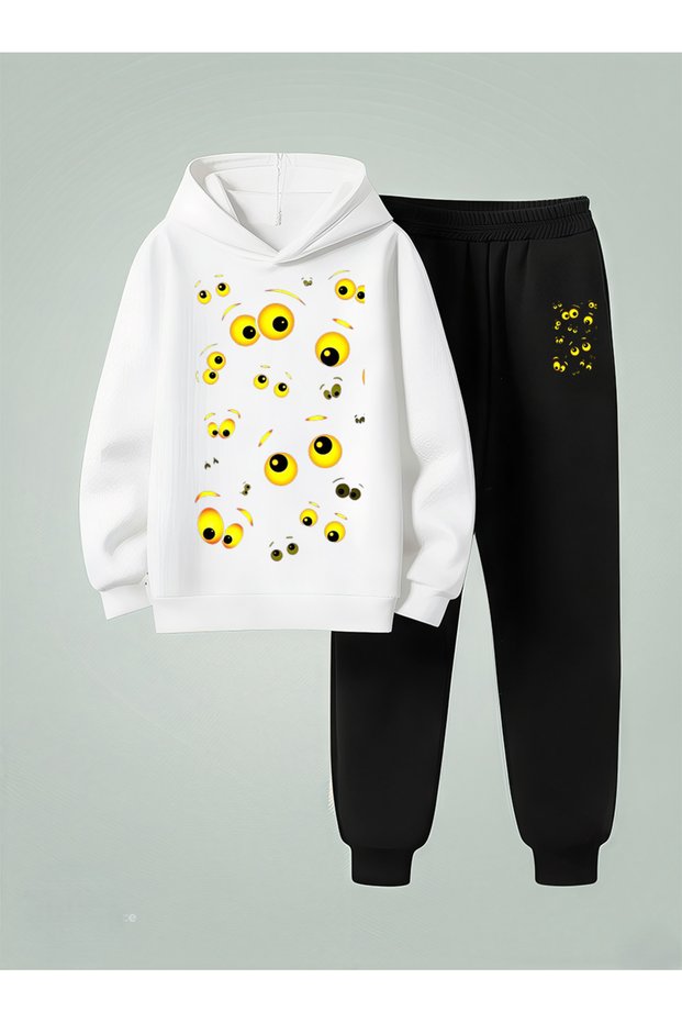 Children's Suit Sweatshirt - Tracksuit (Hooded) Yellow Eyes Printed 3 Thread Raised