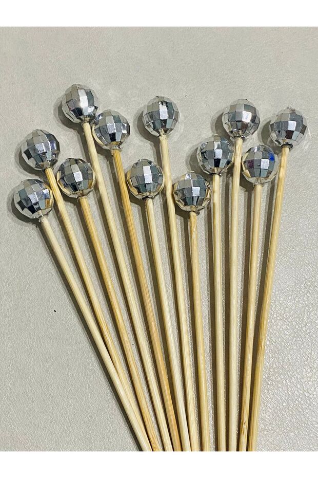 No:106 - 12Pcs 15cm Cocktail Long Toothpicks and Stirrers - Silver Color Disco Ball Beaded 2.0cm