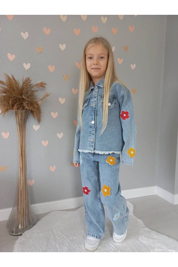 Girl's Daisy Embroidered Denim Jacket and Denim Pants