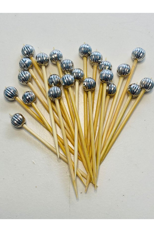 No:214 - 50 Pieces Decorative Silver Beaded Promise Engagement Birthday Party Stylish Cocktail Ornament Toothpick