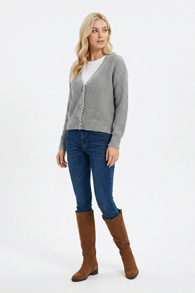 Women's Basic V-Neck Buttoned Knit Cardigan
