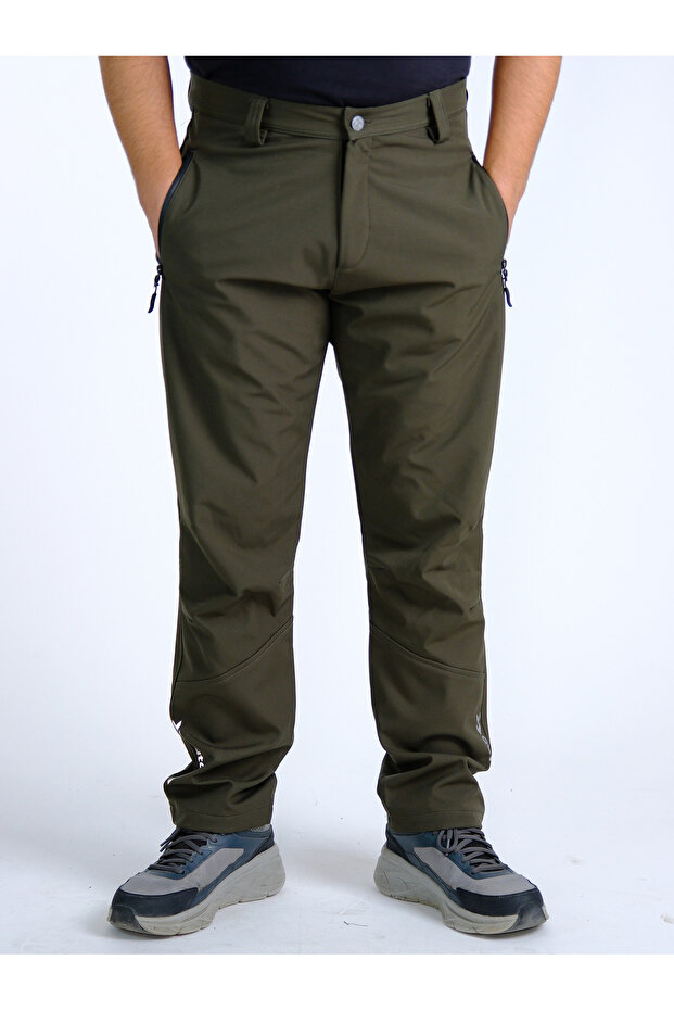 Winter Fleece Lined Imported Softshell Windproof Water Repellent Reflective Men's Trousers Khaki