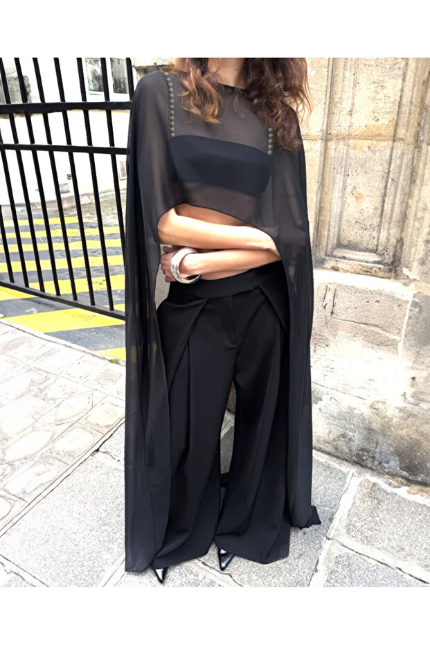 Lilbasic Şifon Siyah Panço İnci Askılı Crop - 4