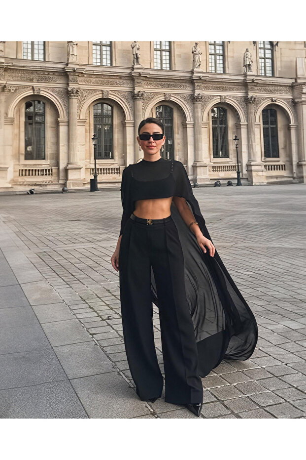 Lilbasic Şifon Siyah Panço İnci Askılı Crop - 2